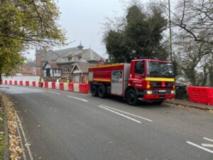 A Derbyshire Fire & Rescue Service tender parked outside Ashbourne Methodist Church, as they fill barriers with water as part of a training exercise.