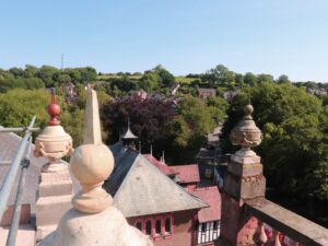 A view from the roof of Ashbourne Methodist Church showing the decorative finials in place