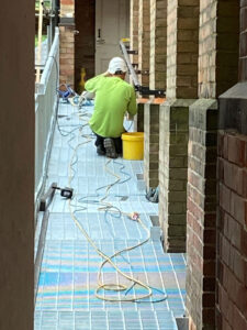 The new access ramp to Trinity Hall is being installed.