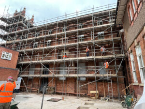 Scaffolding is up on the Station Road side (now the Link floor is complete). Repairing/painting windows, repointing, gutter replacement etc is being done - as already completed on the other three sides