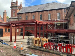 The new foyer of The Link Centre is taking shape with the erection of the steelwork and installation of the ground level floor.