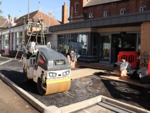 Pavement widening is happening outside the new entrance, all part of the wider Ashbourne Reborn programme.